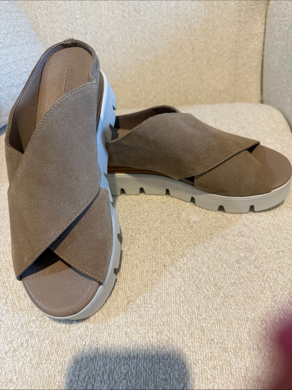 Silent D Suede Crisscross Slide Sandals in Taupe